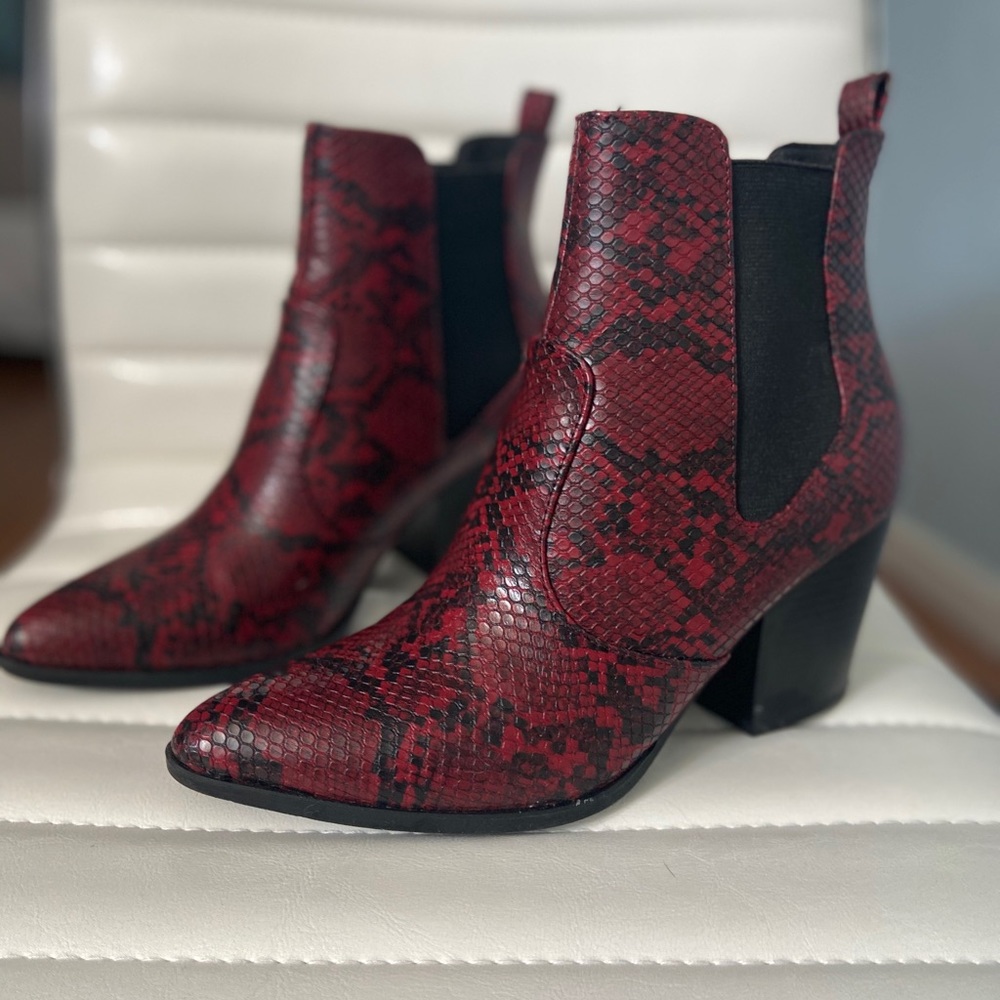 Soda Burgundy Red Python Snake Ankle Bootie